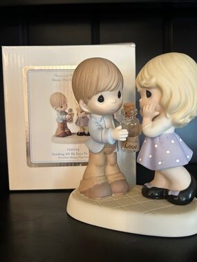 Precious Moments Lavender Dress Girl and Tan-Haired Boy Figurine